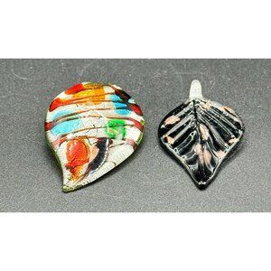 Set Pair Dichroic Glass Leaf Shaped Multicolor Black Copper Lampwork Pendants